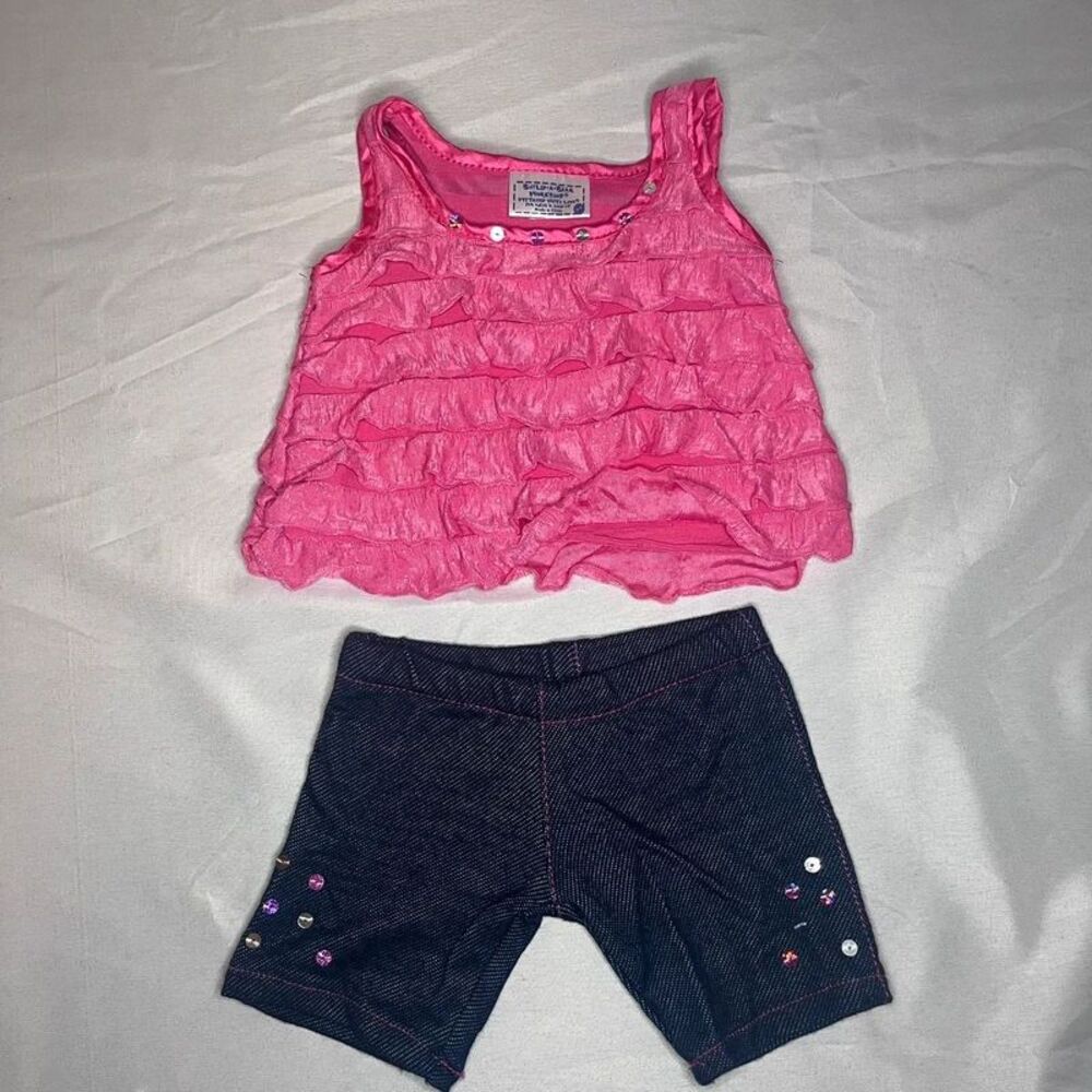 Build-A-Bear Pink Ruffled Top & Denim Shorts – 2-Piece Outfit, Sequins